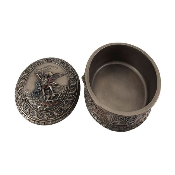 Ornate Bronze St. Michael Bas Relief Oval Trinket Box - Picture 4 of 5